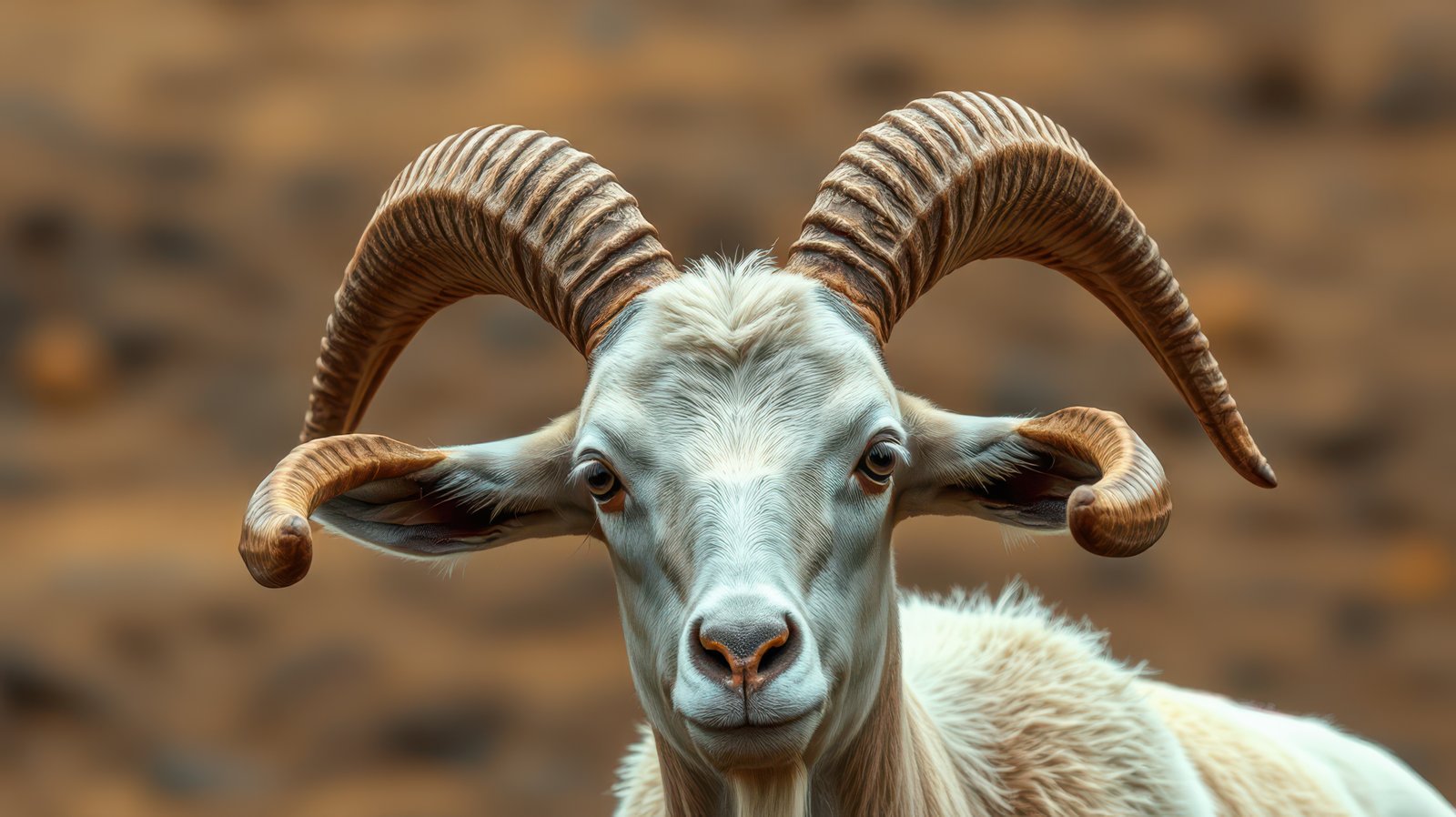 Majestic ram with curled horns standing against a blurred natural background